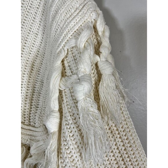 Vintage Cable Knit Fringe Sweater L Cream Tassel Neutral Retro Classic Chic 80s - Picture 5 of 11